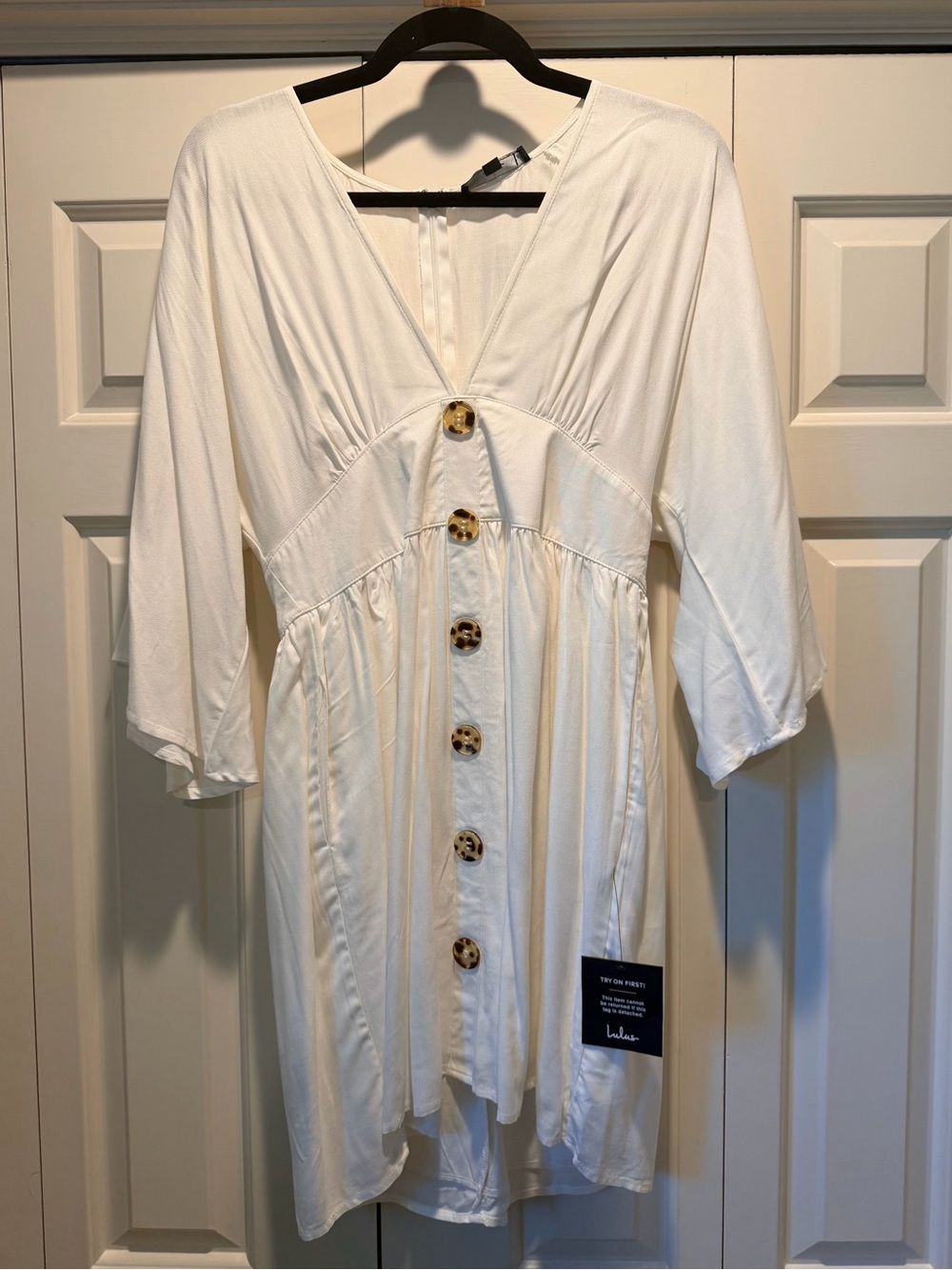 Lulu’s Linen White Button-Front Babydoll Dress with Tortoiseshell Buttons MED